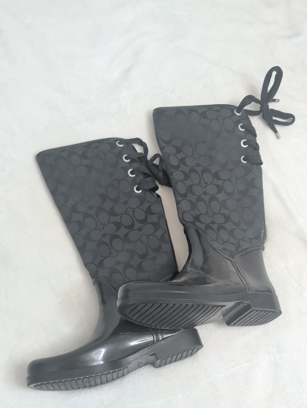 Coach Black Signature Lace-Up Tall Rain Boots